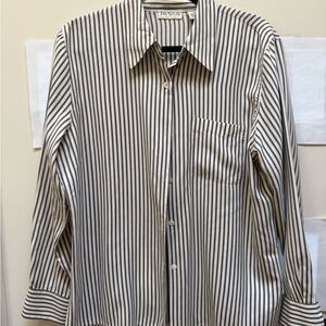 Ann Taylor Women’s Silk Gray and Cream Striped Shirt. Size 14.